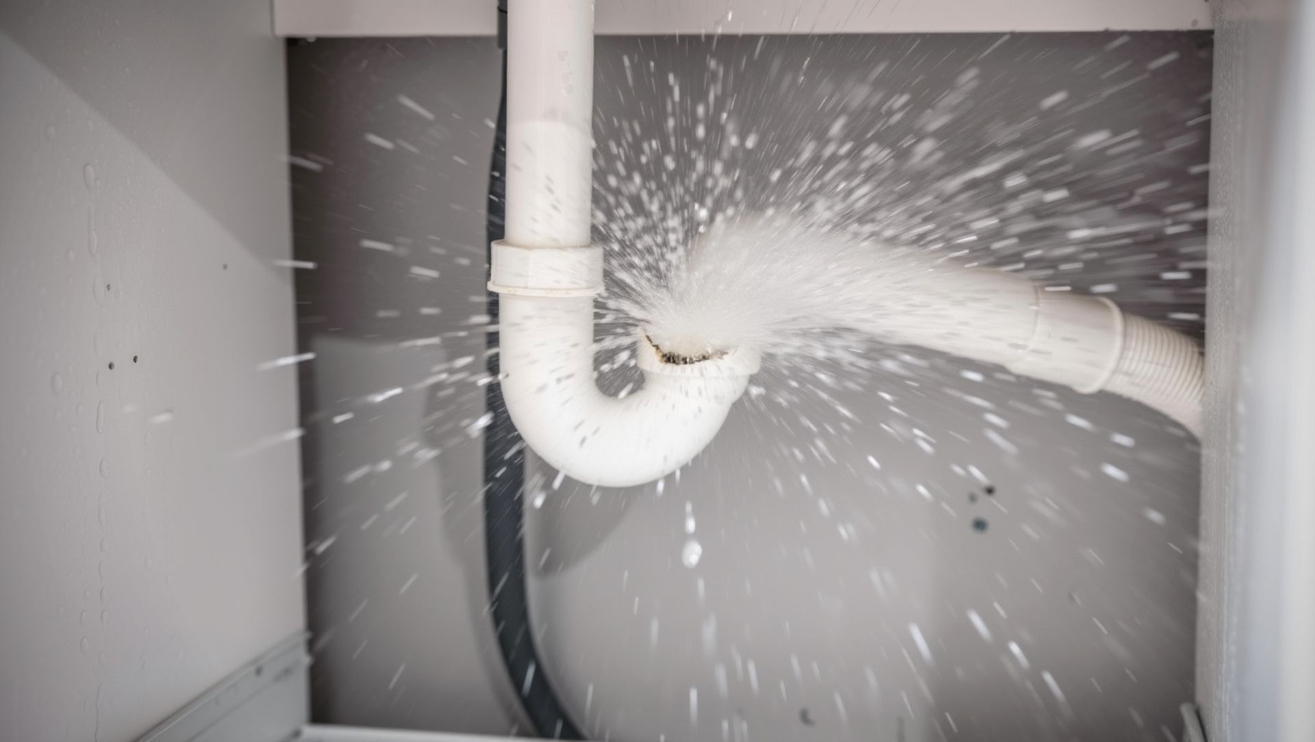 Water sprays forcefully from a disconnected joint in white plastic plumbing pipes under a sink.