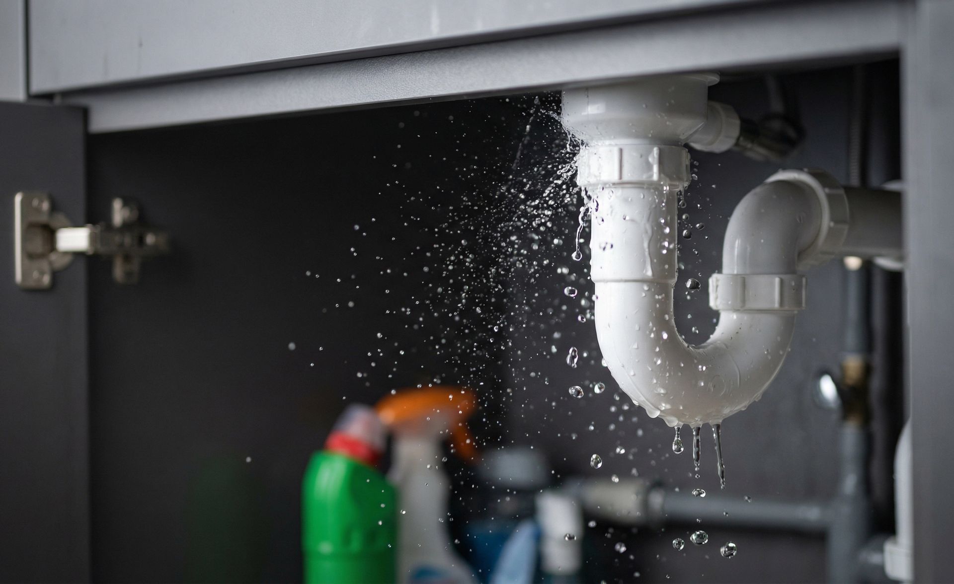 A white P-trap pipe under a sink leaking water into the cabinet below.