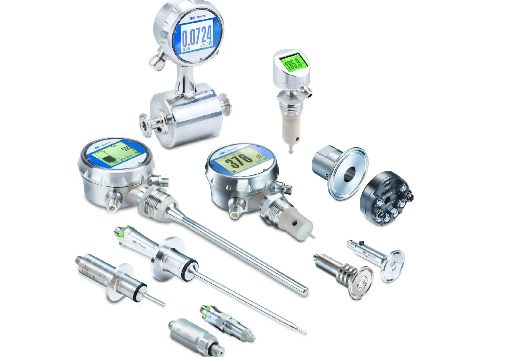 Capteurs et jauges industriels assortis en métal argenté Baumer