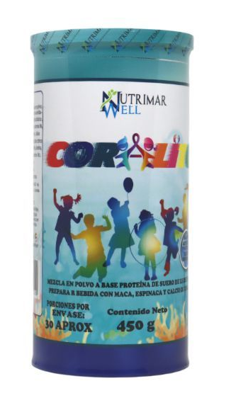 Envase de suplemento en polvo “Coral Sun” con siluetas de niños en la etiqueta.