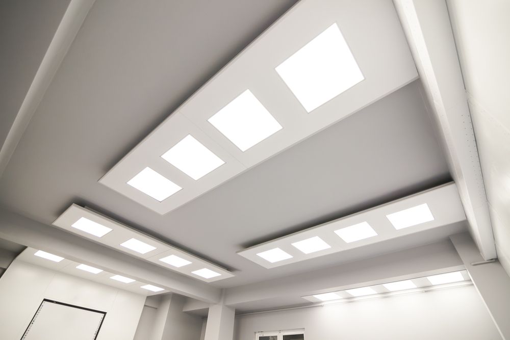 A Modern Ceiling Featuring Geometric Panels With Recessed Led Square Lights — DLG Electrical and Solar In Wyong, NSW