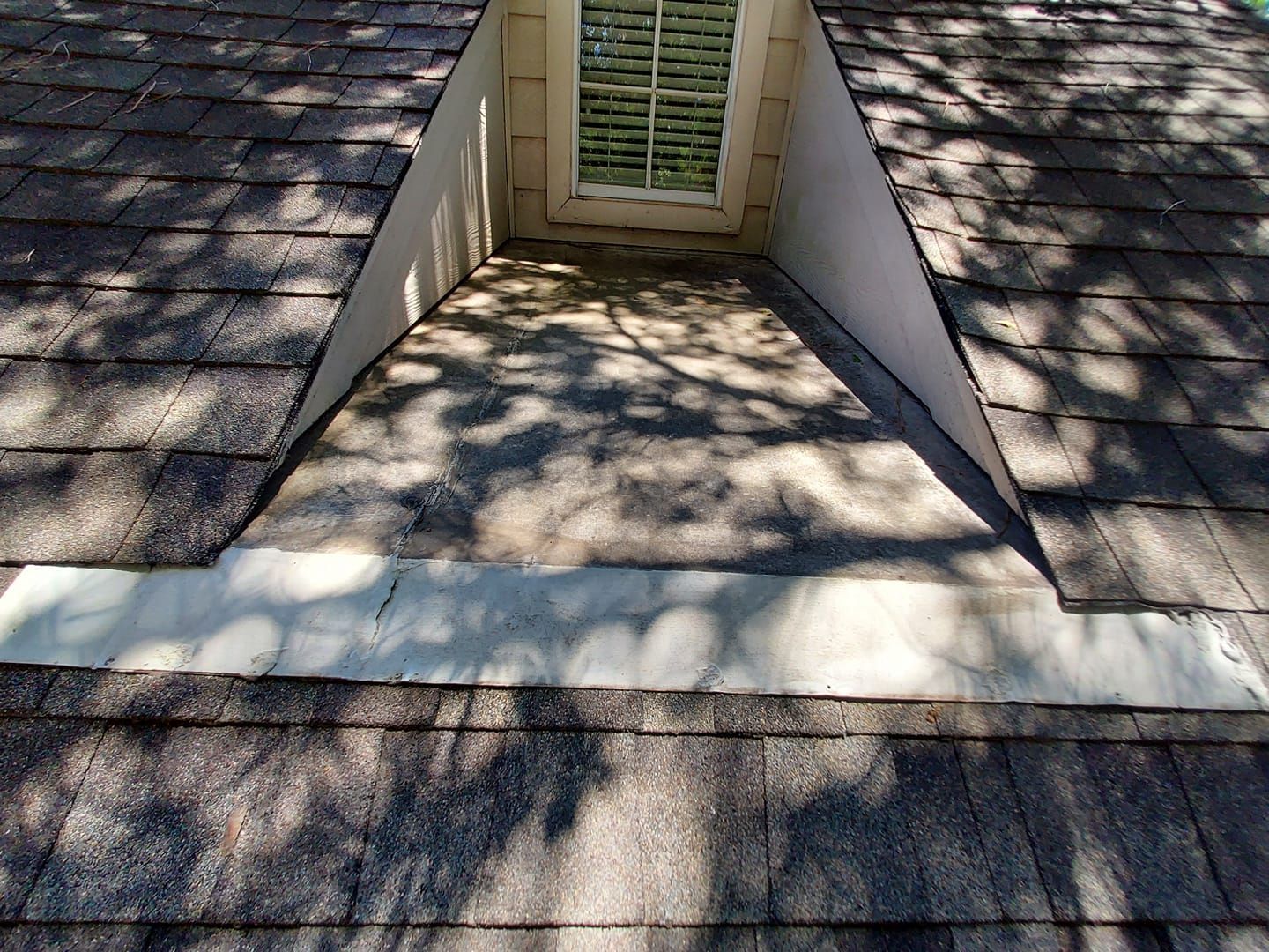 A roof with a window and a shadow of trees on it.