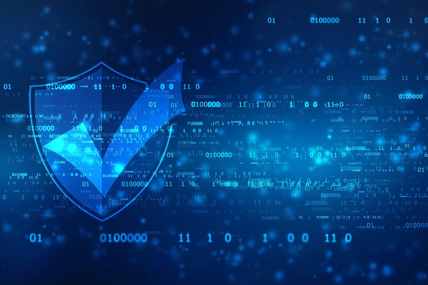 A shield with a check mark on it is on a digital background.