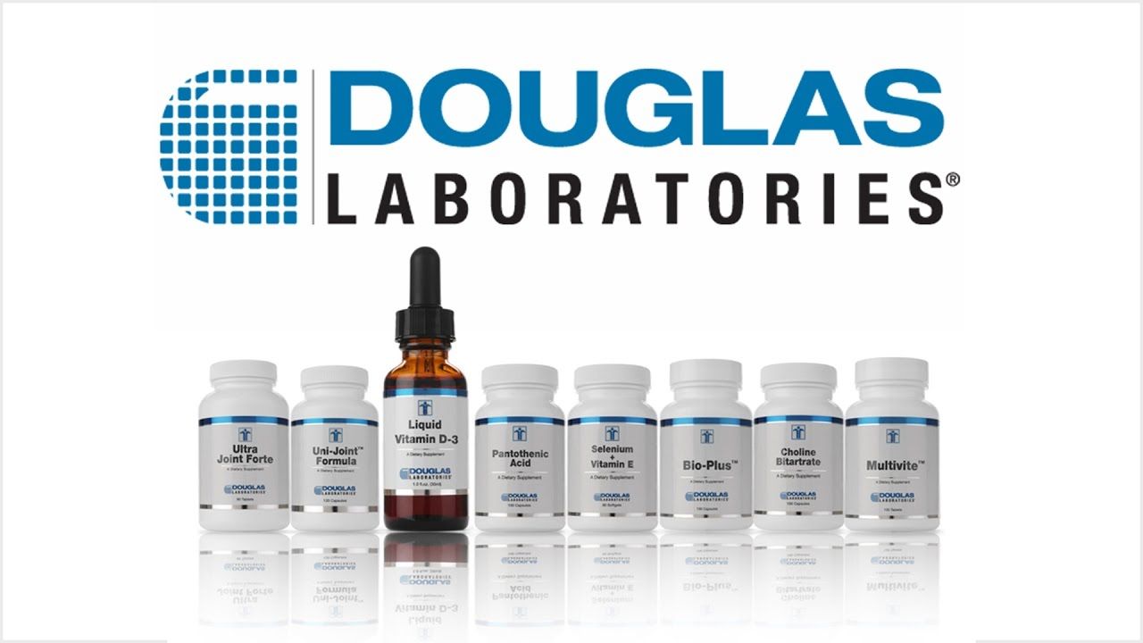 A row of douglas laboratories bottles are lined up in a row