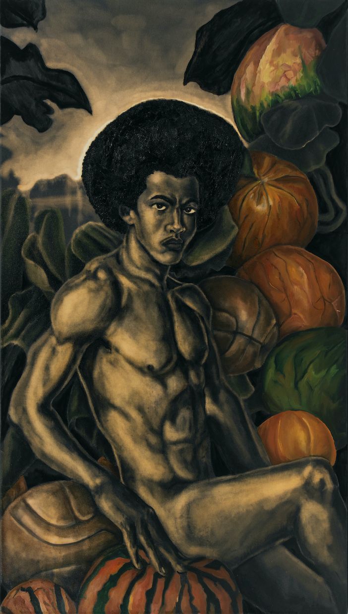 Fruits of My Labor, Bleach, black 3.0, and oil on canvas, 26x46in, 2023