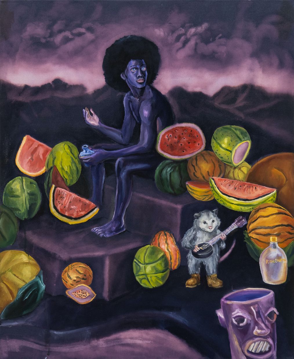 Earthly Delights: Unexpected Friendships, Bleach and oil on canvas, 30 × 24 in, 2023