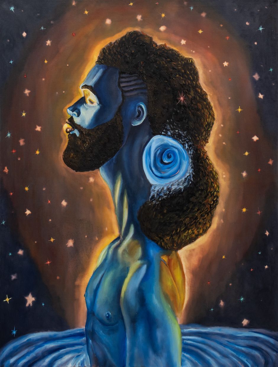 Above and Beyond: Creation of a Titan, Bleach and oil on canvas, 36x48in, 2023