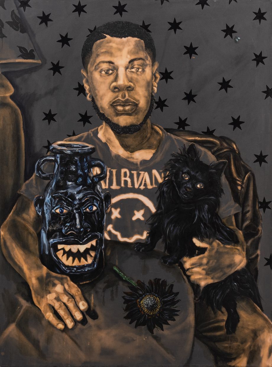 Black Rush: Self Portrait with Vanitas, 2023, 54x40in, Bleach and oil on canvas
