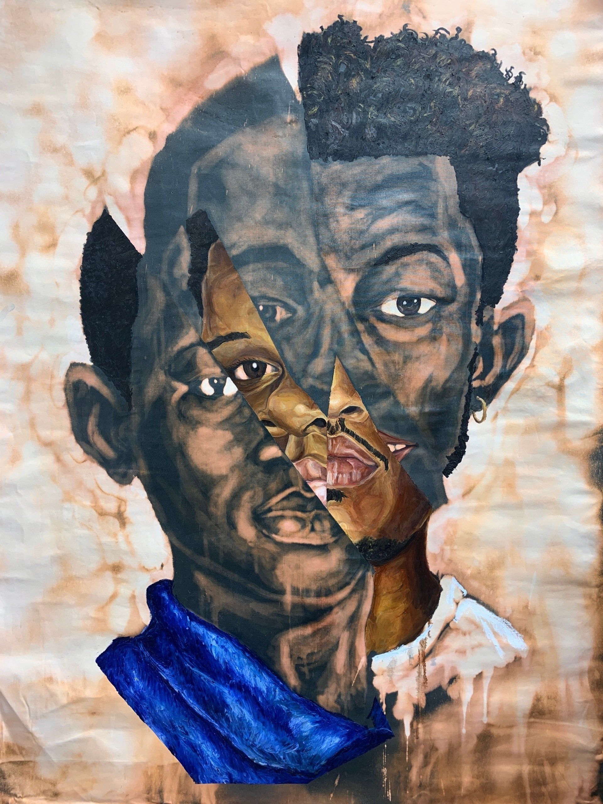 Anthony Peyton Young,They Have Names I: Tamir Rice 12, November 22, 2014 Trayvon Martin 17, February 26, 2012 Mike Brown 18, August 9, 2014 Christian Taylor 19, August 7, 2015 Rumain Brisbon 34, December 2, 2014 2021, bleach, oil stick, and oil on canvas, 74 x 52 inches