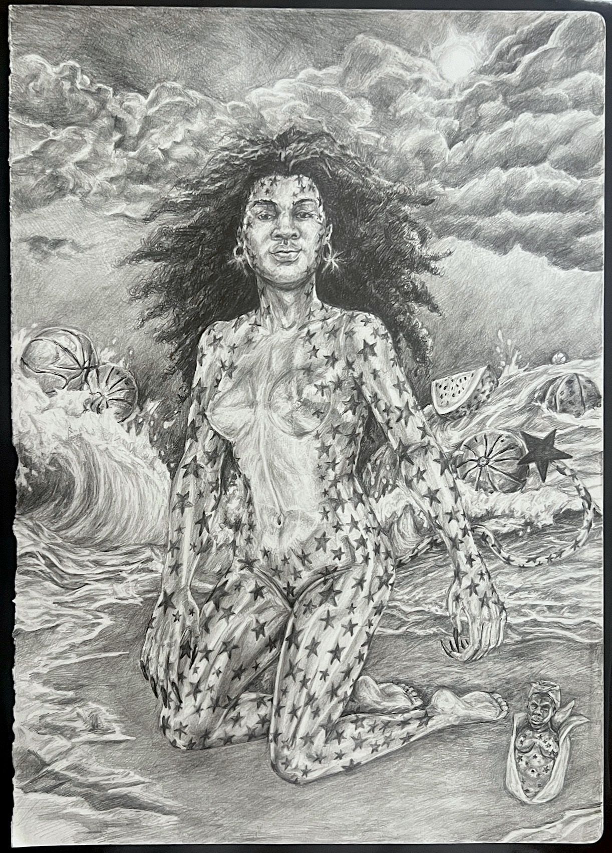 Sweet Thang: She's Everything That Glitters, with a Heart of Gold, 2023, Pencil on paper, 16 x 11 3/4 in
