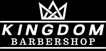 Black and white Kingdom Salon logo with crown above text in a circle.