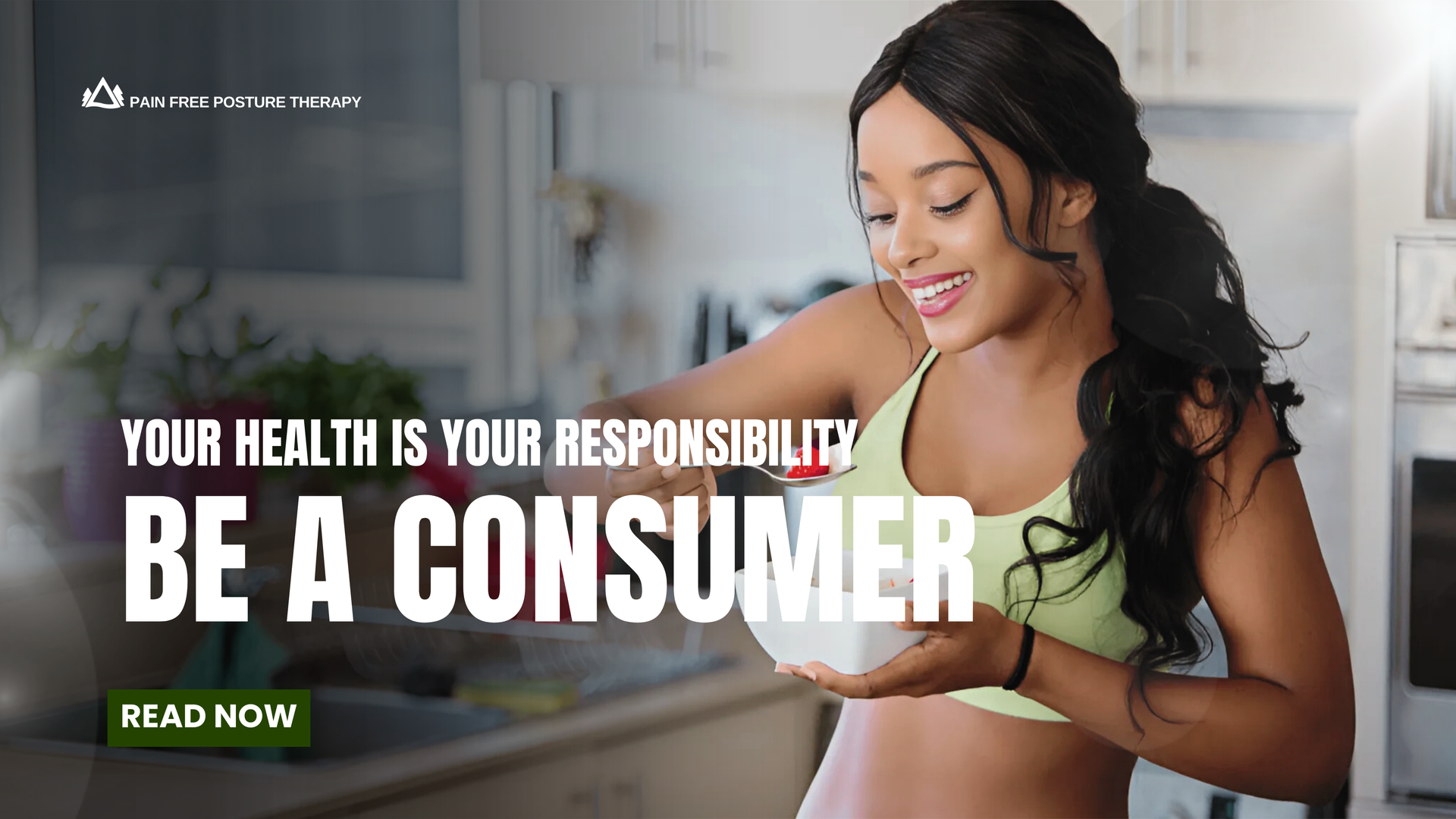 A woman is eating a bowl of cereal in a kitchen.
