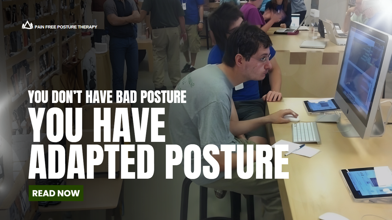 Man sitting with slouched posture at a computer, illustrating how daily habits cause adapted posture over time.