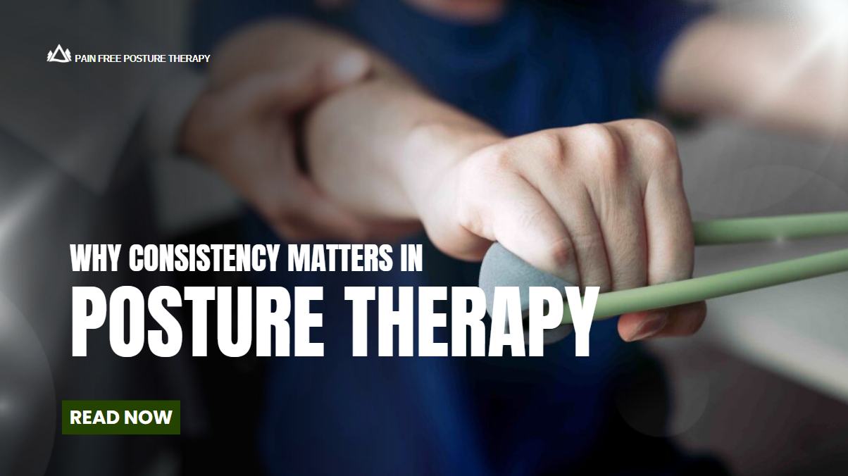 Person performing posture therapy exercise using a resistance band to demonstrate why consistency ma