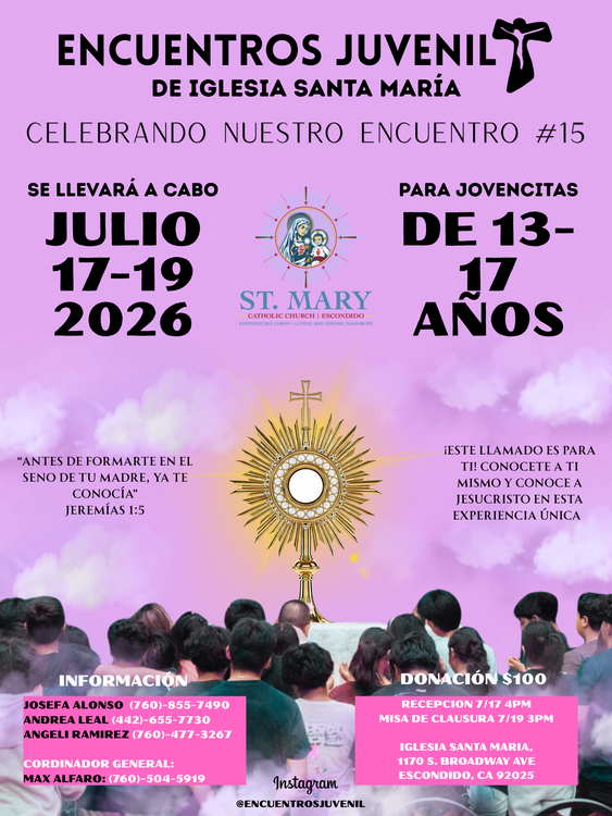 Encuentro juvenil de Iglesia Santa María, julio 17-19, 2026, con fondo rosa y adorno eucarístico.