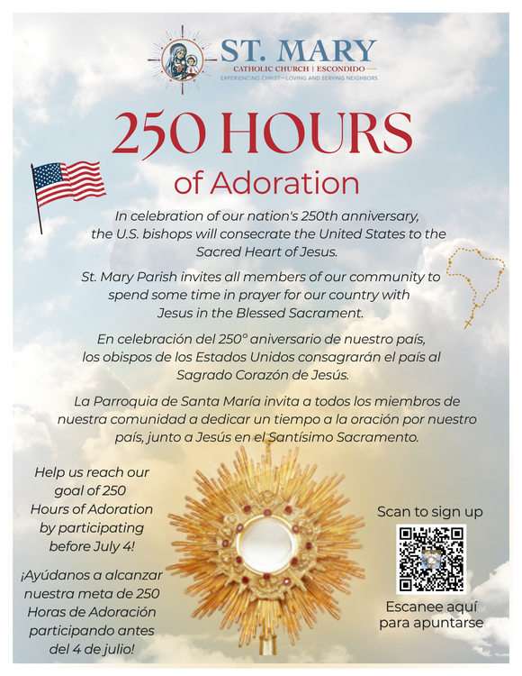 St. Mary 250 Hours of Adoration event poster with a gold Eucharist host, clouds, and QR code.