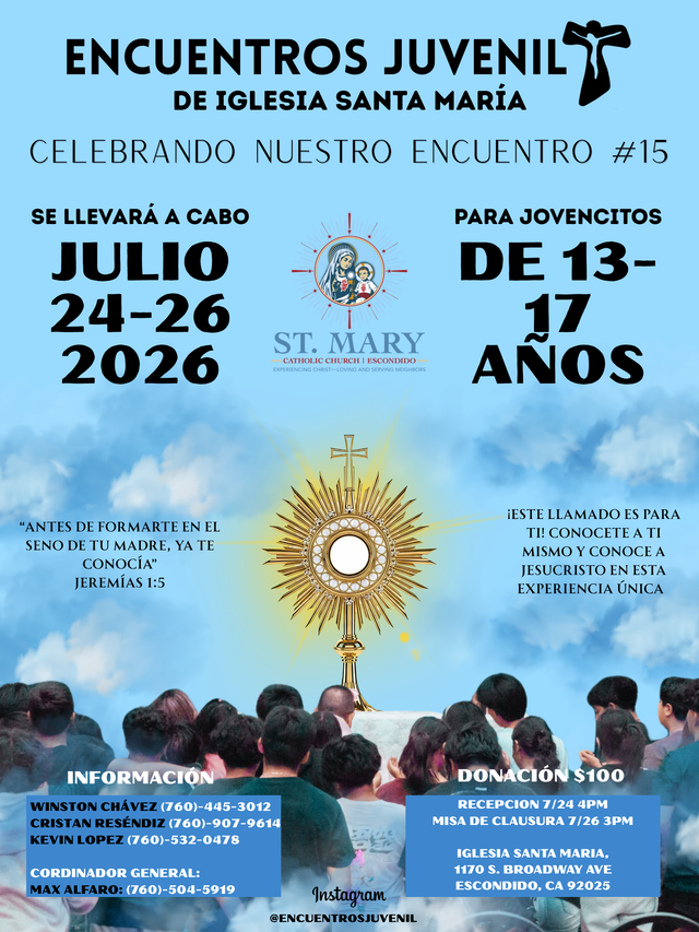 Cartel azul de Encuentros Juvenil de Iglesia Santa María, 24–26 julio 2026, para jóvenes de 13 a 17 años.