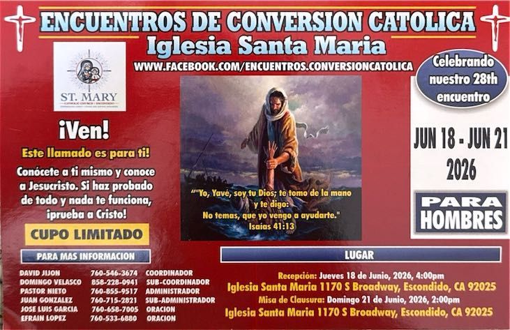 Cartel rojo de Encuentros de Conversión Católica en Iglesia Santa María, junio 2026, con Jesús y texto promocional