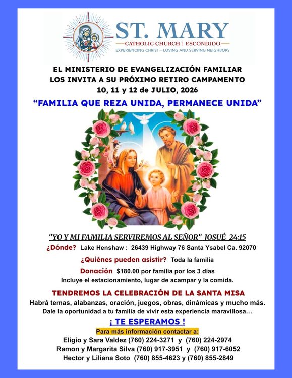 St. Mary church poster for family day, with Holy Family illustration, event details, and prayer theme in Spanish.