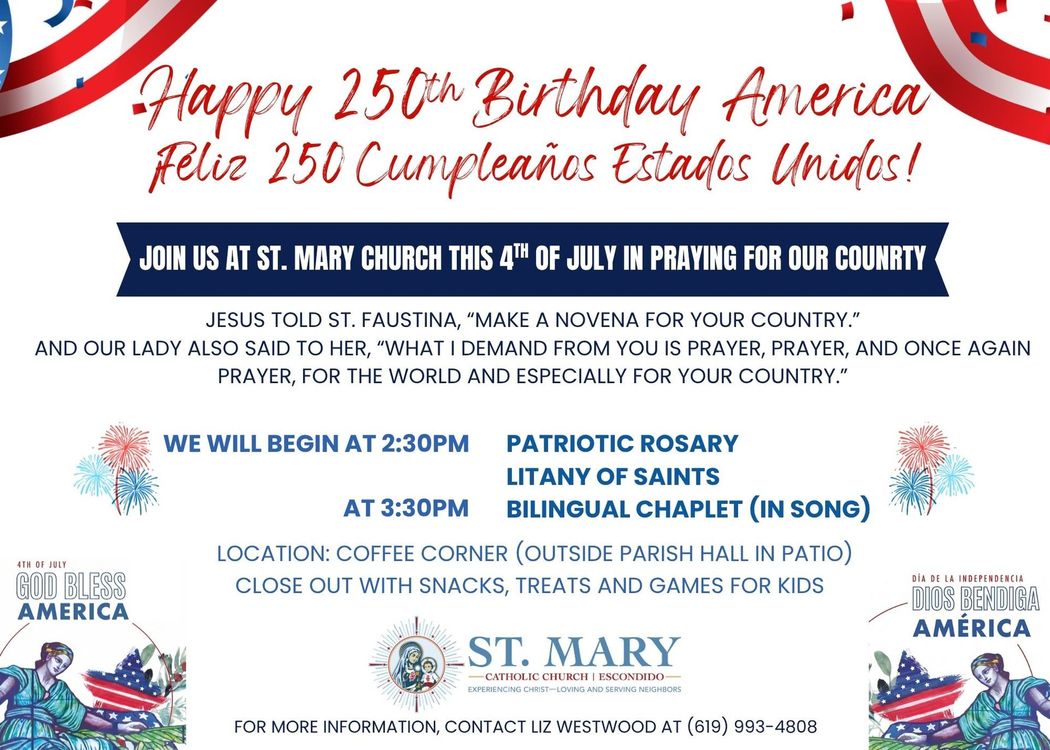 St. Mary 250 Hours of Adoration event poster with a gold Eucharist host, clouds, and QR code.