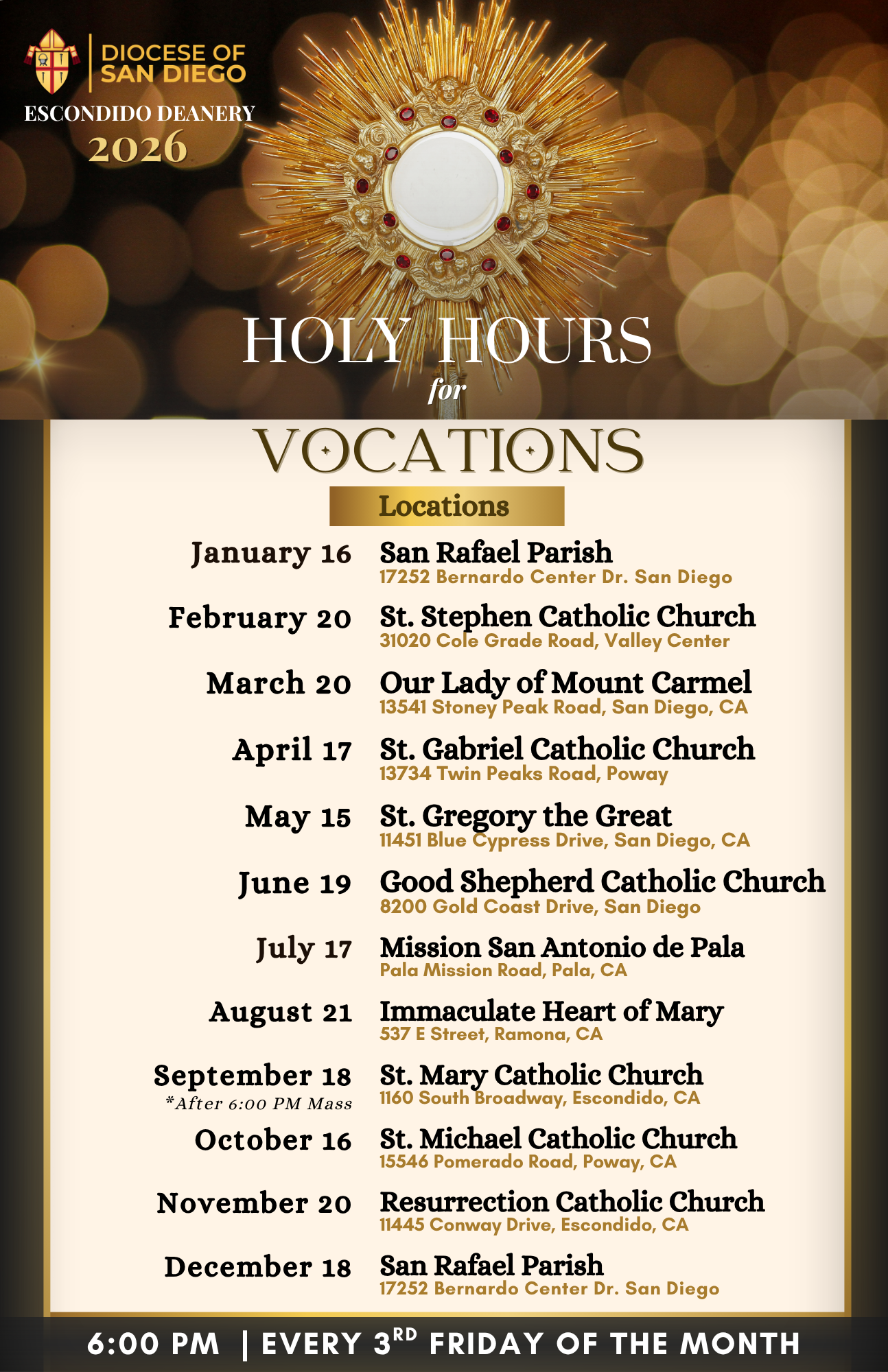 Holy Hour and Vocations schedule poster with dates, churches, and a golden Eucharist design.