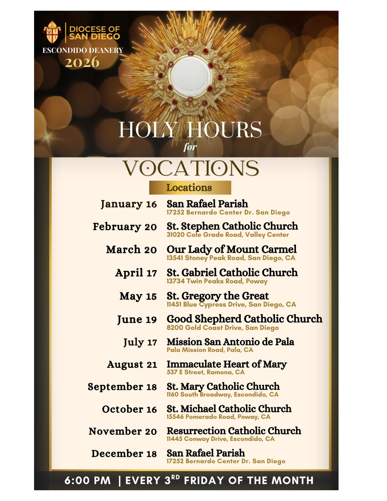 Holy Hour and Vocations schedule poster with dates, churches, and a golden Eucharist design.