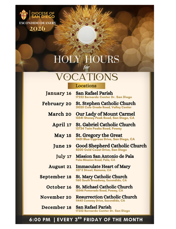 Holy Hour and Vocations schedule poster with dates, churches, and a golden Eucharist design.
