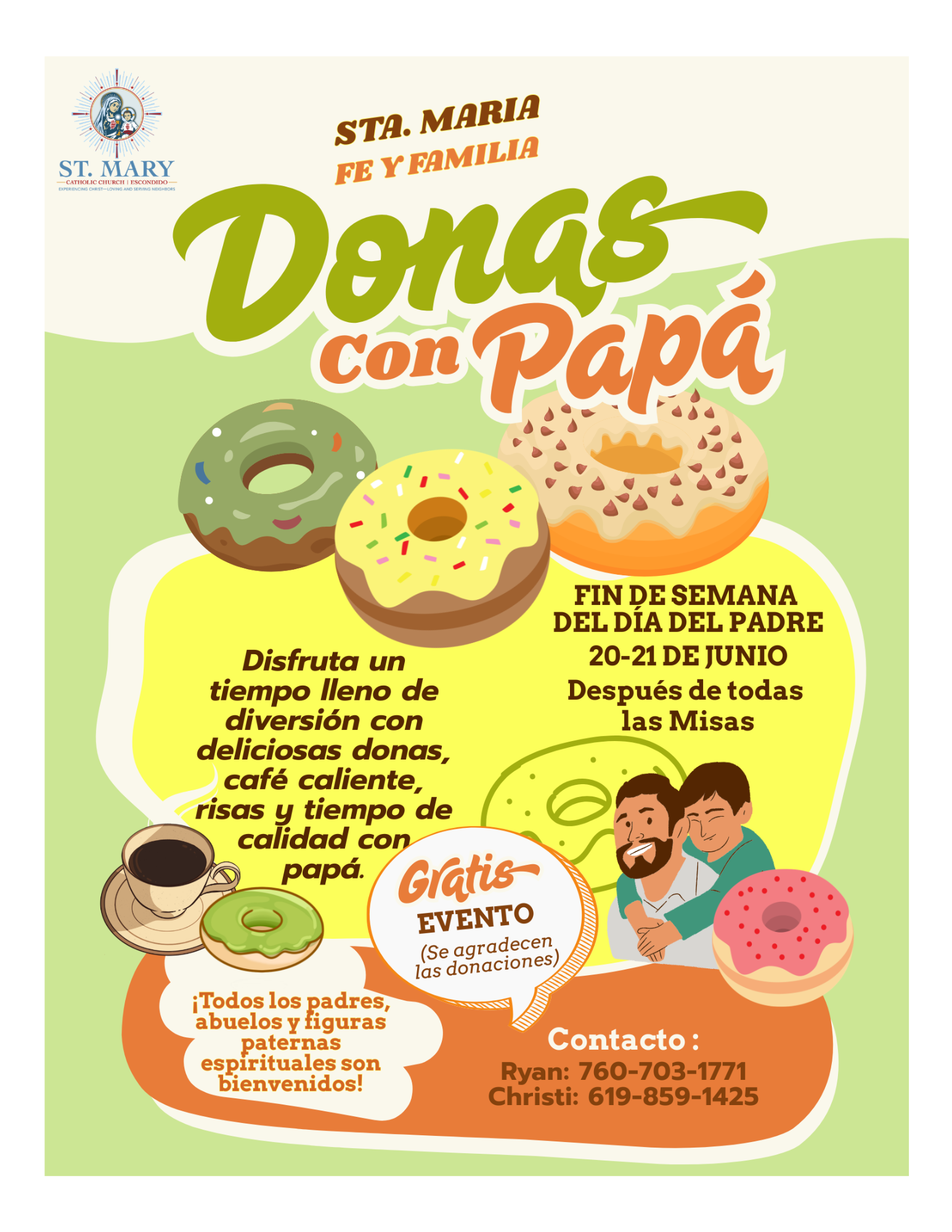 Donas con papá poster in green and beige with donuts, event details, and contact info