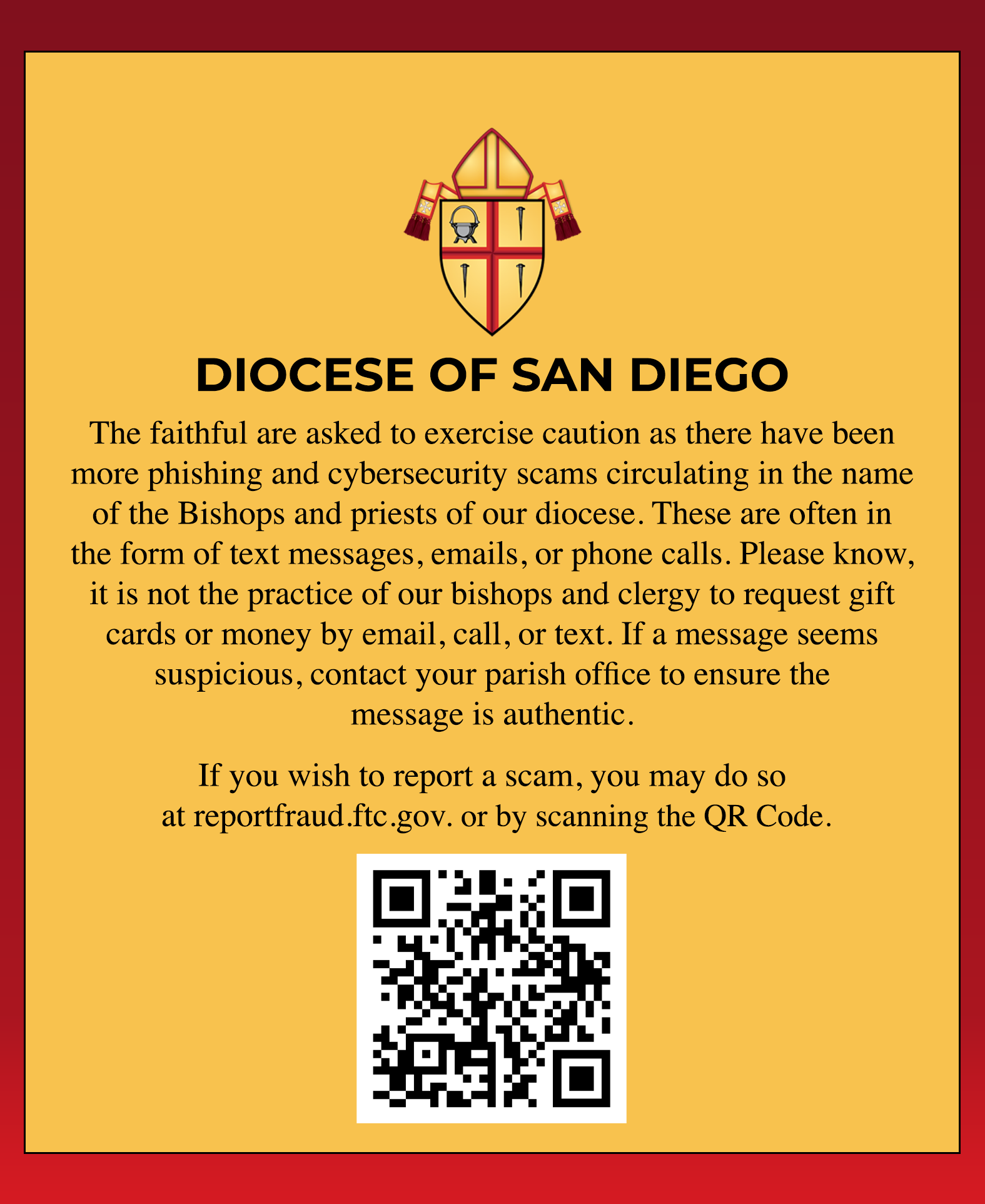 Diocese of San Diego notice with crest, service message, and QR code on yellow background