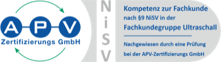 ein blau-weißes Logo für die apv-zertifizierungs gmbh