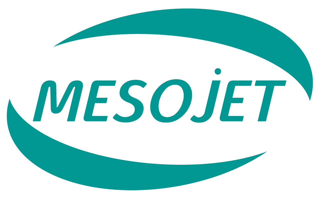 Das Logo für Mesojet ist ein blauer Kreis mit dem Wort Mesojet darauf.