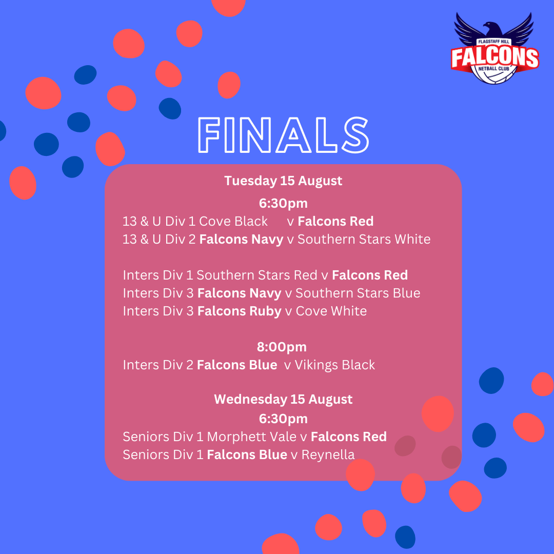 Finals schedule poster on blue background with Falcons logo and pink confetti accents.