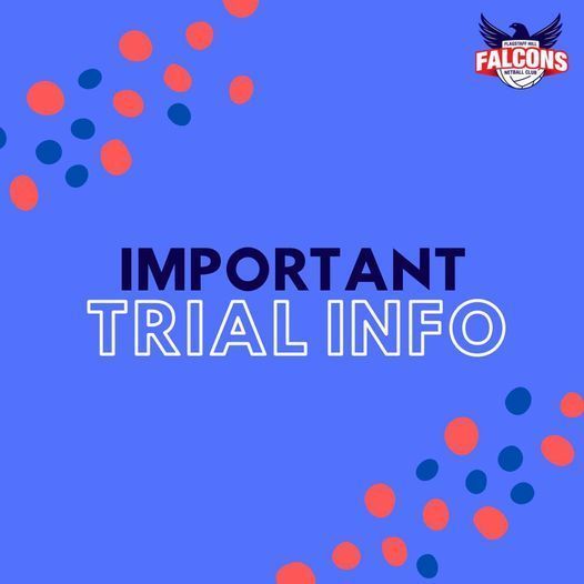 Blue graphic with confetti dots and Falcons logo, reading “IMPORTANT TRIAL INFO”