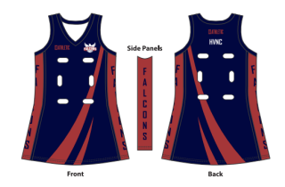 Front and back of a navy basketball jersey with red side panels and “Falcons” text.