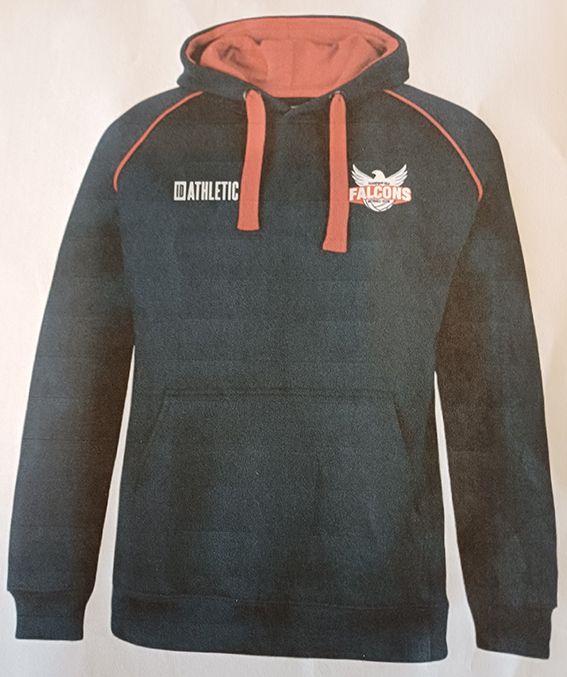 Dark navy Athletic Falcons hooded sweatshirt with red lining and front logo, shown against a plain background
