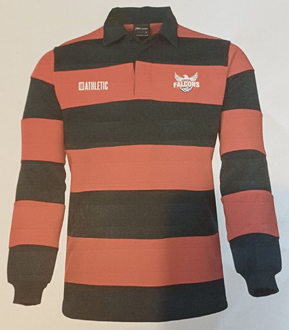 Black and red striped long-sleeve rugby shirt with collar and chest logos