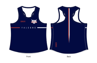 Front and back views of a navy sleeveless Falcones sports jersey with red and white accents