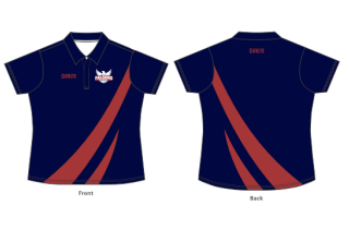 Front and back views of a navy athletic jersey with red diagonal stripes and a white chest logo