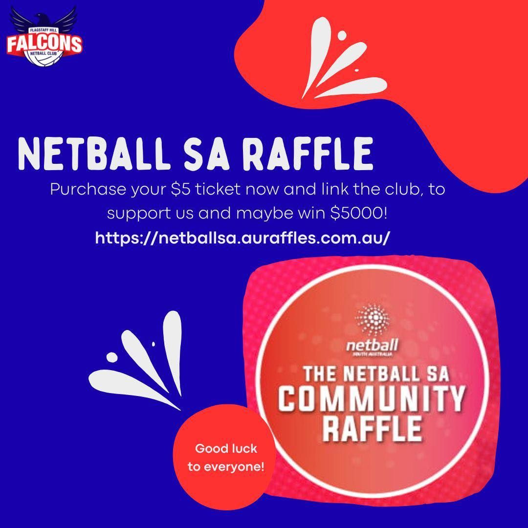 Netball SA raffle poster on blue background with red raffle ticket and Falcons logo, promoting community raffle and website