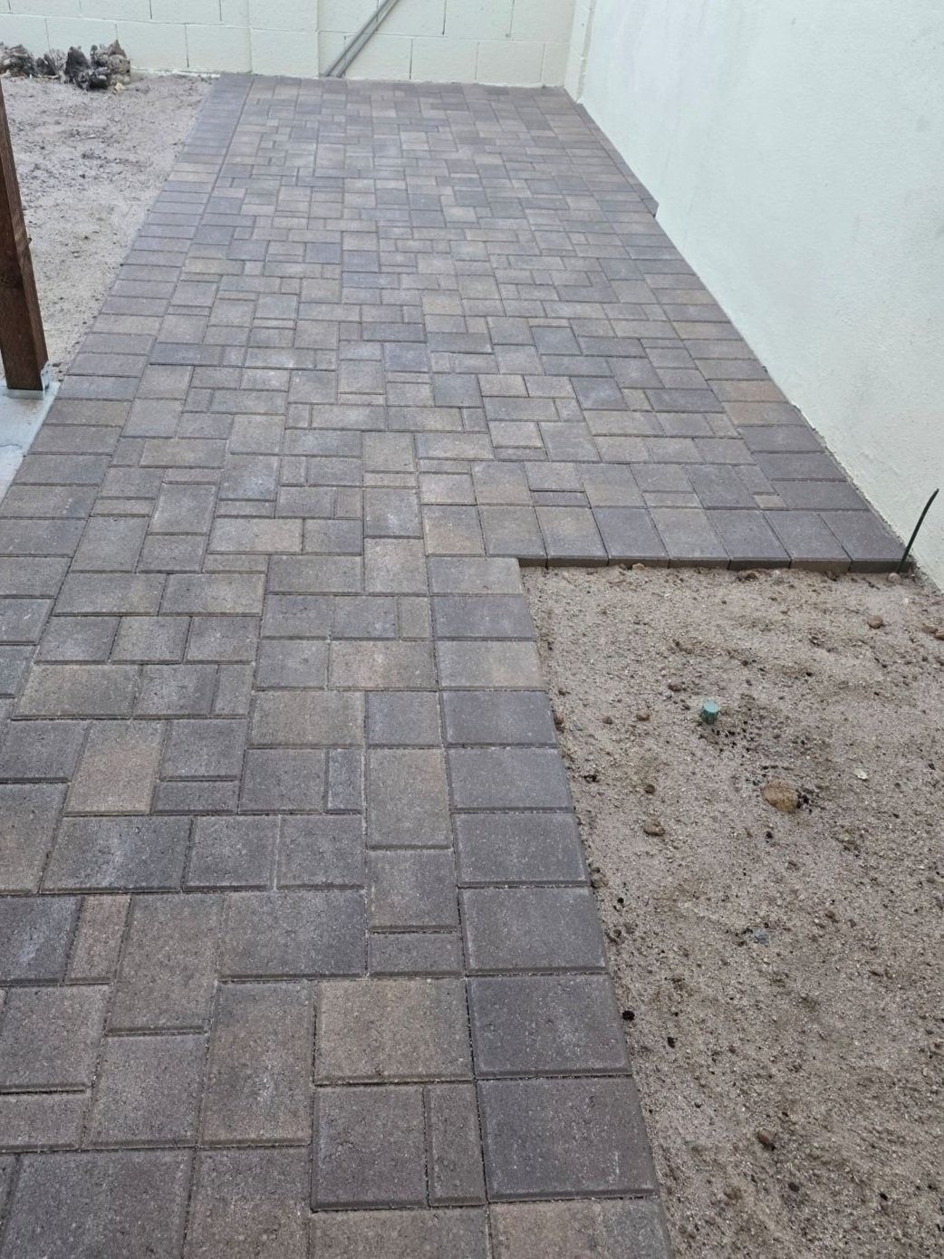 A brick walkway is being built in a backyard.