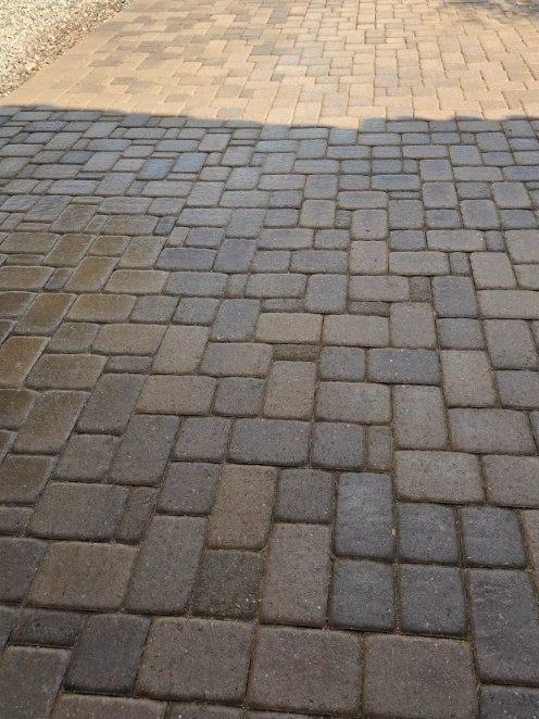 A brick walkway with a brown brick in the background