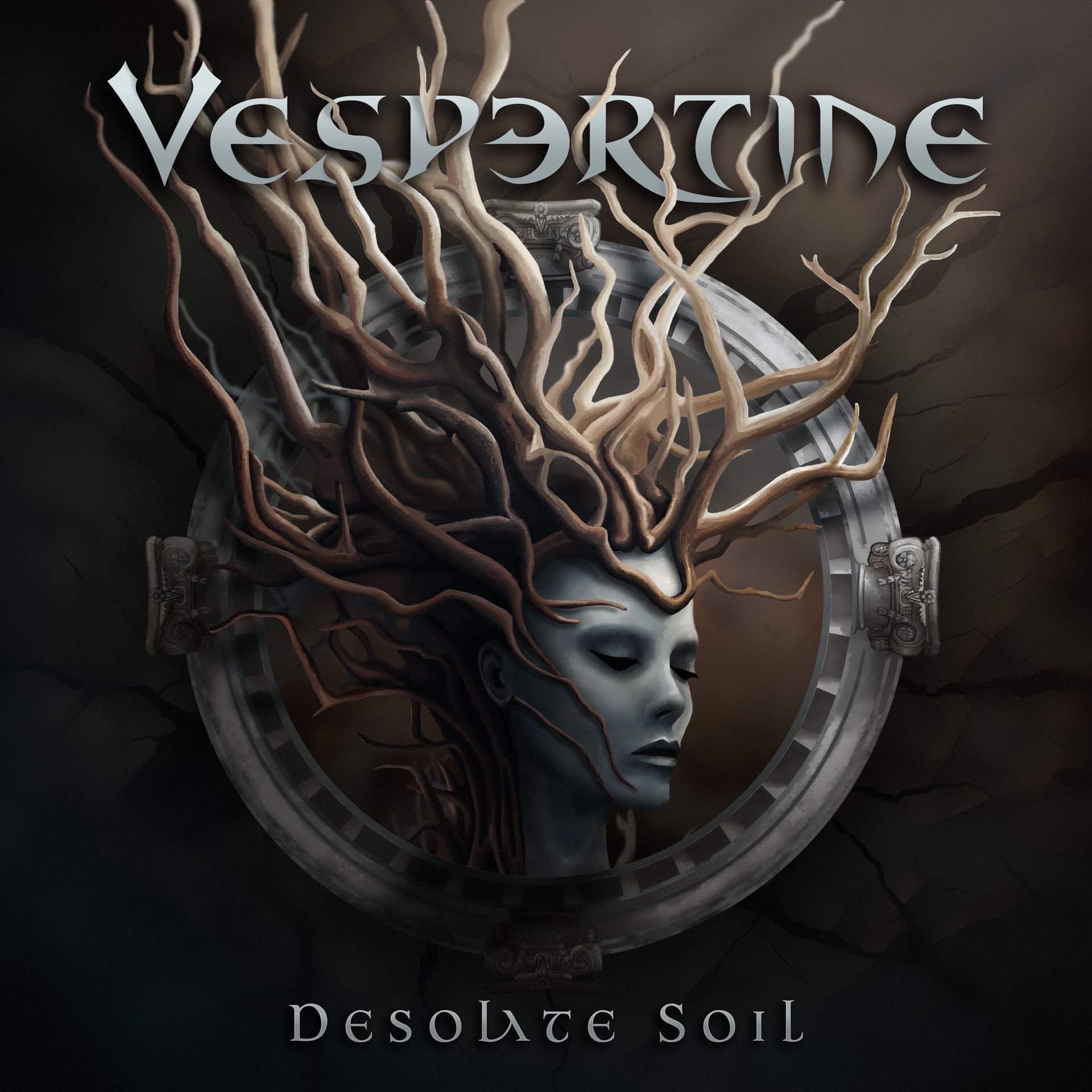 Vespertine desolate soil album cover showing a woman with branches on her head