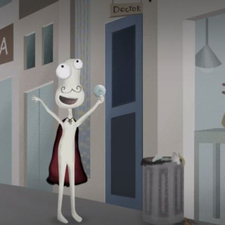 A cartoon character is standing in front of a door that says doctor
