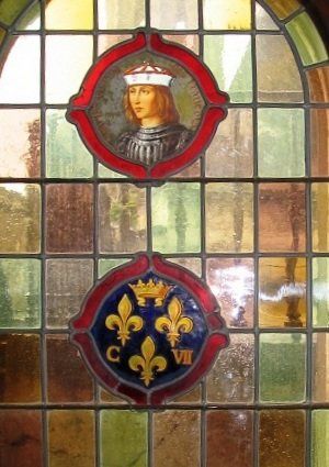 king charles in stained glass window at chateau in Loches