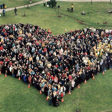residents of the village of Saint Valentin standing to form the shape of a heart