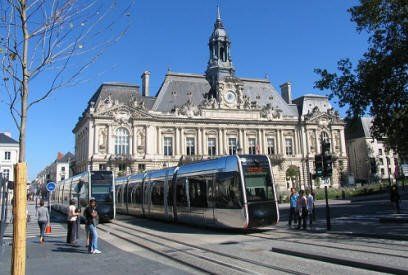 Tram outside the Hotel de Ville in Tours,France