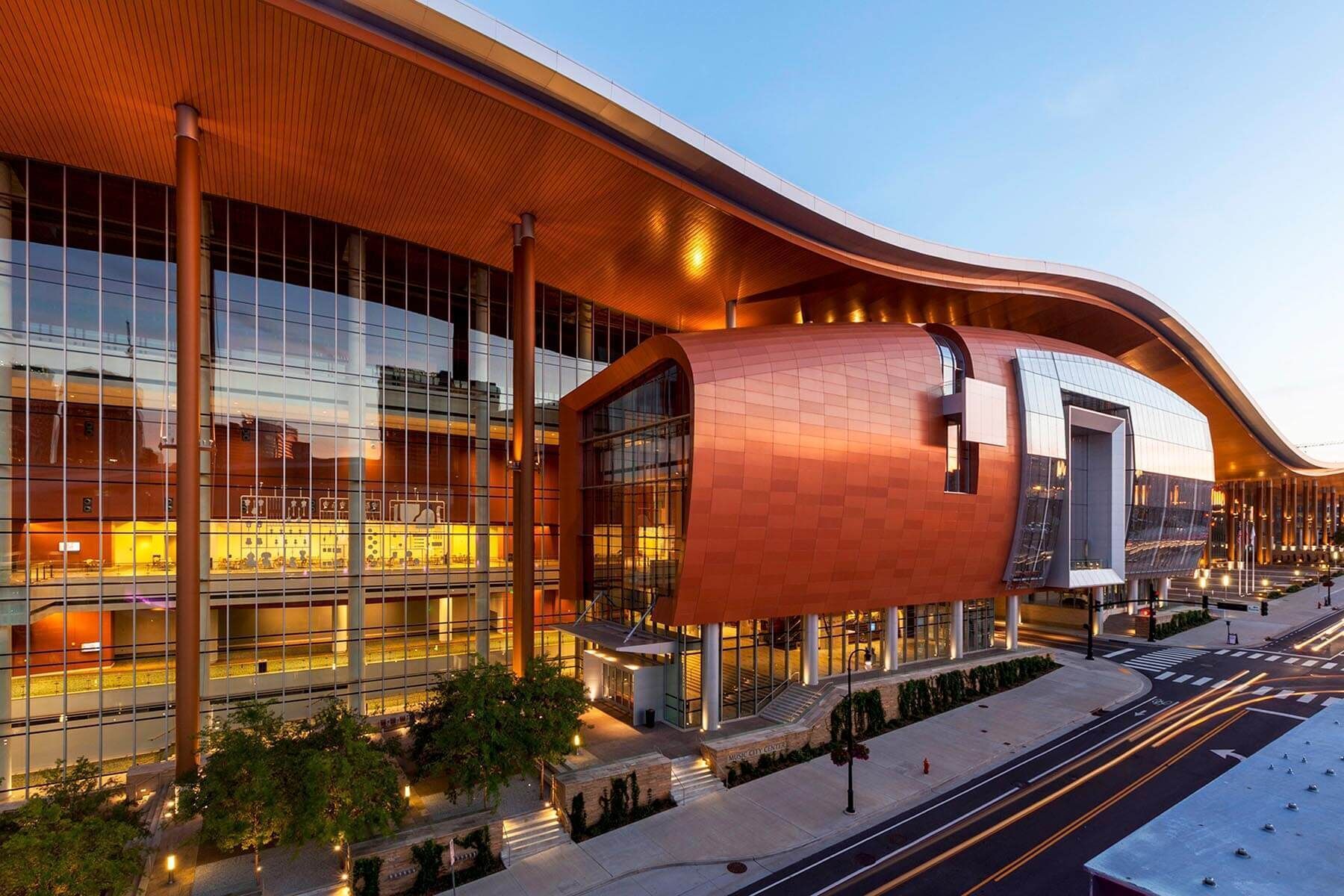 Modern building with copper and glass facade; Nashville, TN.