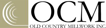 OCM logo: Text in black over a light brown rectangle. The words “OCM” are followed by “OLD COUNTRY MILLWORK INC.”, and there are curved white lines on the left.