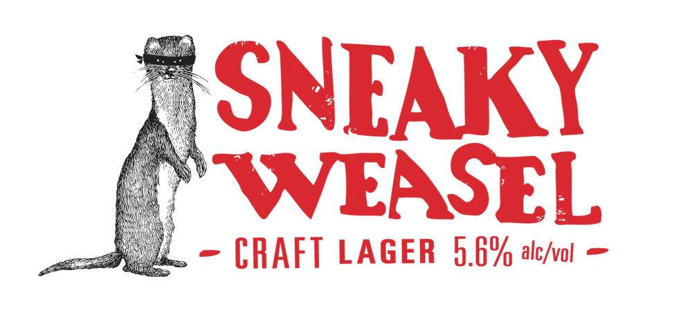 Sneaky Weasel craft beer logo with a weasel wearing a bandit mask, in red text.