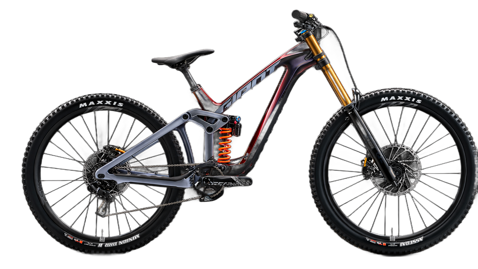 Downhill mountain bike with black tires and gold fork.